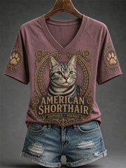 T-shirt décontracté à col en V pour femme, imprimé chat rétro