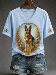 T-shirt décontracté à col en V pour femmes, imprimé chien rétro