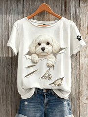 T-shirt à manches courtes Peeking Maltese Dog from Torn Crack Print pour femme