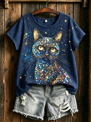 T-shirt femme à imprimé chat, style graffiti moderne