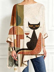Midcentury Modern Cat Imprimé Irrégulière Ourlet à manches longues Top des femmes