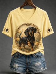 T-shirt décontracté à col en V pour femmes, imprimé chien rétro