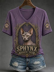 T-shirt décontracté à col en V pour femme, imprimé chat rétro