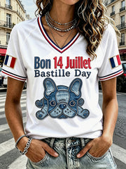 T-shirt décontracté à col en V pour femme, motif patchwork bouledogue français, fête nationale du 14 juillet