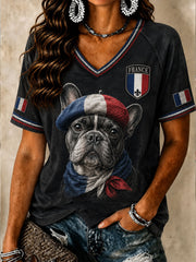 T-shirt col en V pour femme, modèle Bouledogue français