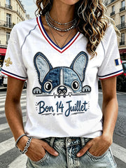 T-shirt décontracté à col en V pour femme, imprimé patchwork avec un bouledogue français, pour la fête nationale française