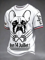 T-shirt décontracté blanc pour hommes, motif patchwork bouledogue français, fête nationale française (14 juillet)