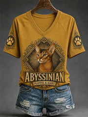 T-shirt décontracté à col en V pour femme, imprimé chat rétro