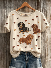 Charmant Teckel Chiens Coeurs Motif Imprimer T-shirt à manches courtes pour femmes