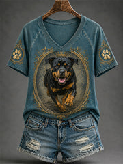 T-shirt décontracté à col en V pour femmes, imprimé chien rétro
