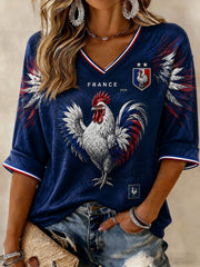 T-shirt femme France Football à manches mi-longues et col en V imprimé