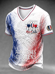 T-shirt décontracté à col en V pour hommes, motif graffiti sur le thème de la Fête nationale française du 14 juillet