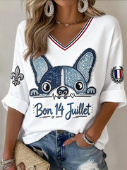 T-shirt décontracté à col en V pour femmes, imprimé bouledogue français, en denim, Journée nationale française du 14 juillet