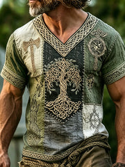 Chemise à manches courtes viking inspiration tree of life patchwork pour hommes