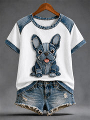 T-shirt décontracté en denim à patchwork et imprimé chien pour femme