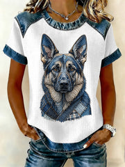T-shirt décontracté en denim à patchwork et imprimé chien pour femme