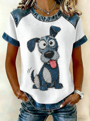 T-shirt décontracté en denim à patchwork et imprimé chien pour femme