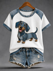T-shirt décontracté en denim à patchwork et imprimé chien pour femme