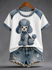T-shirt décontracté en denim à patchwork et imprimé chien pour femme