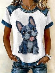 Denim Patchwork Chien Imprimer Waffle Casual Tee Femme