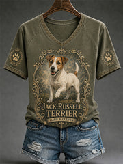 T-shirt décontracté à col en V pour femmes, imprimé chien rétro