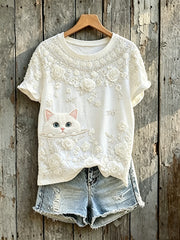 T-shirt à manches courtes à imprimé floral Cute Cat Peeking Art pour femmes