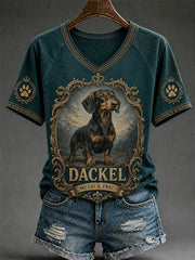 T-shirt décontracté à col en V pour femmes, imprimé chien rétro