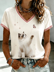 T-shirt femme mignon à col en V et imprimé chat