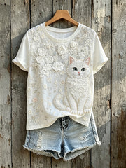 T-shirt chic à manches courtes pour femmes chat blanc art floral