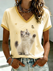 T-shirt femme mignon à col en V et imprimé chat