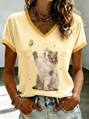 T-shirt femme mignon à col en V et imprimé chat