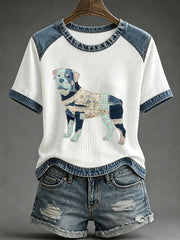 T-shirt décontracté pour femme à l’imprimé fleuri, pied-de-poule, denim et gaufres avec motif canin