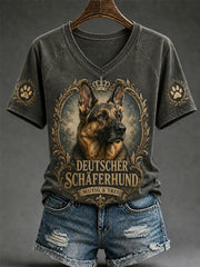 T-shirt décontracté à col en V pour femmes, imprimé chien rétro