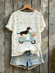 T-shirt femme mignon à manches courtes, motif floral et scooter avec teckel