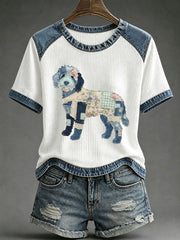 T-shirt décontracté pour femme à l’imprimé fleuri, pied-de-poule, denim et gaufres avec motif canin