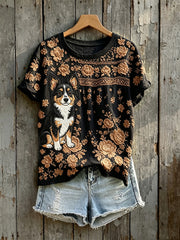 Mignon Chihuahua Art Floral Imprimer T-shirt à manches courtes pour femmes