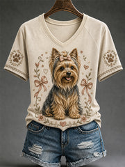 Rétro Chien Imprimer Casual V-Neck Tee des femmes