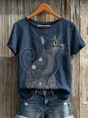 T-shirt femme à manches courtes en lin, imprimé d’art sashiko japonais avec ceinture féline