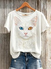 T-shirt femme à manches courtes et imprimé chat blanc Classy Heterochromia