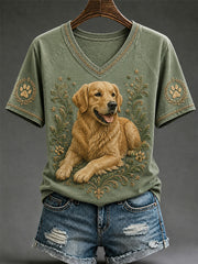 T-shirt décontracté à col en V pour femme, imprimé chien rétro