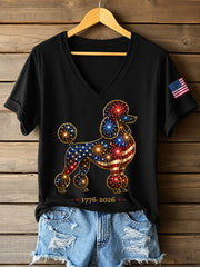 T-shirt décontracté à col en V pour femmes, motif feux d’artifice et chiens, cadeau idéal pour les amoureux des chiens