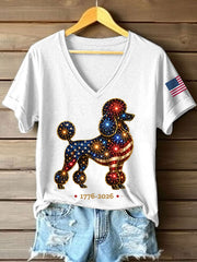 T-shirt décontracté à col en V pour femmes, motif feux d’artifice et chiens, cadeau idéal pour les amoureux des chiens