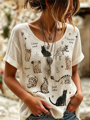 T-shirt femme à manches courtes en lin au design élégant pour les amoureux des chats