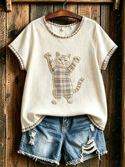 T-shirt à carreaux imprimé chat pour femme