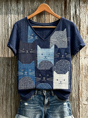 T-shirt femme à manches courtes en lin, imprimé artistique japonais sashiko, patchwork de chats