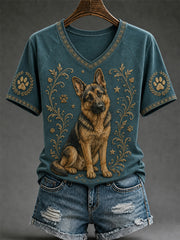 T-shirt décontracté à col en V pour femme, imprimé chien rétro
