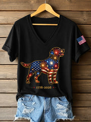 T-shirt décontracté à col en V pour femmes, motif feux d’artifice et chiens, cadeau idéal pour les amoureux des chiens