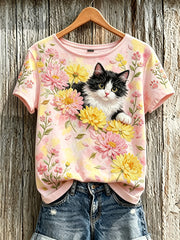 T-shirt décontracté à manches courtes pour femme, imprimé d’un mignon motif de chat et de fleurs