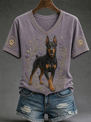 T-shirt décontracté à col en V pour femme, imprimé chien rétro