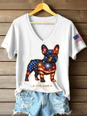T-shirt décontracté à col en V pour femmes, motif feux d’artifice et chiens, cadeau idéal pour les amoureux des chiens